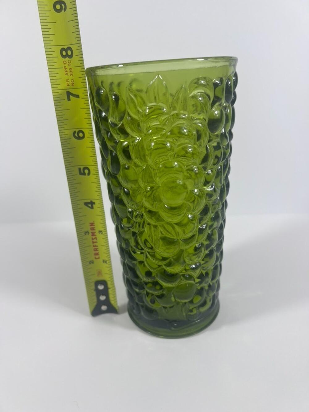 Avocado Green Glass 7.25" Tall Vase Textured Grape Cluster Design 1970's Vintage